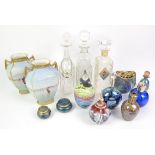 Various glassware including a large cut glass vase various decanters and coloured glass perfume