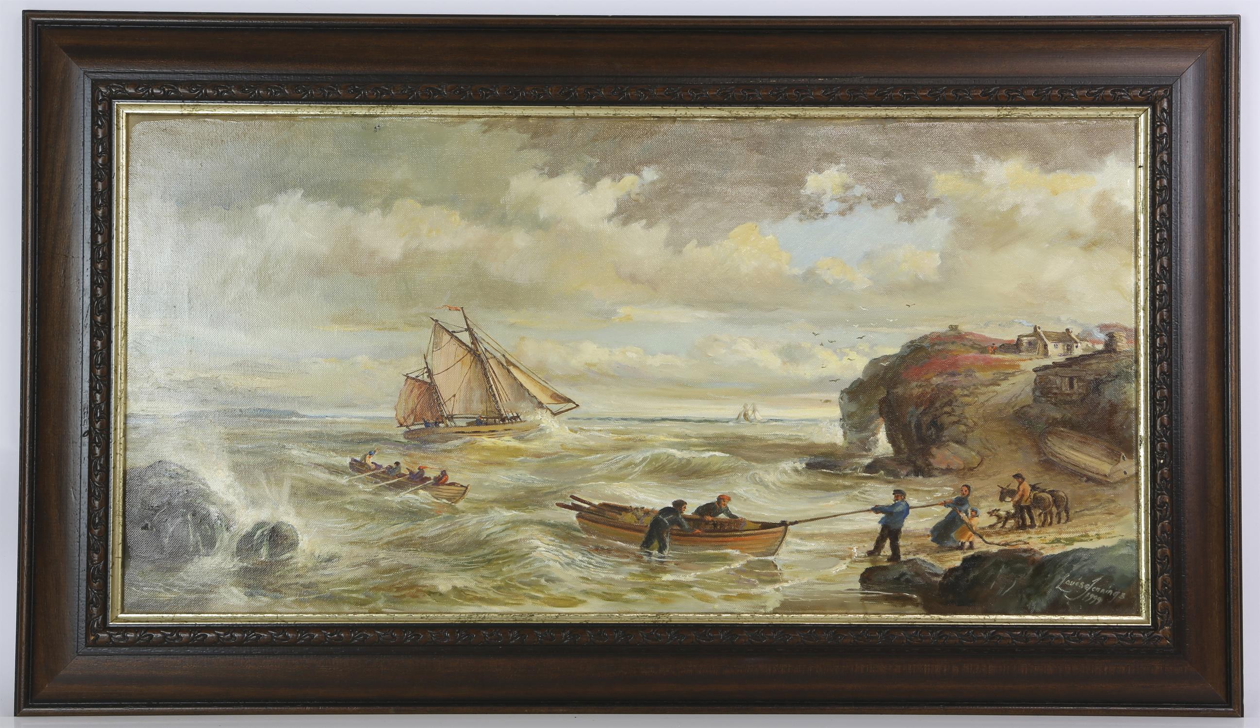 Roberta Louise Jennings (1919-2018), stormy seascape with rowing boat to foreground (1999),