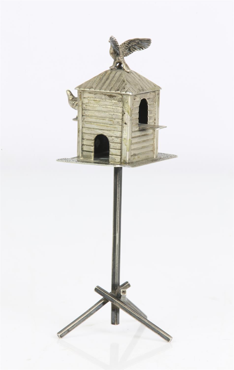 Dutch silver miniature of a dove/bird house on stand, 10.5cm high - Image 2 of 2