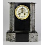 A French black and grey marble mantel clock, late 19th century, white enamel dial with Roman