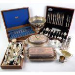 Silver plated items to include tureens, rose bowl, cake basket, cutlery including cased set of fish