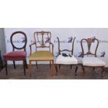 Four chairs of various design including a balloon back and an inlaid carver.