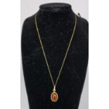 Single stone amber pendant, in 9ct gold, on a stamped 9ct chain, chain length 40cm,