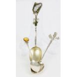 Irish theme stone set harp top, silver spoon, a thistle topped silver spoon, and a cabochon set