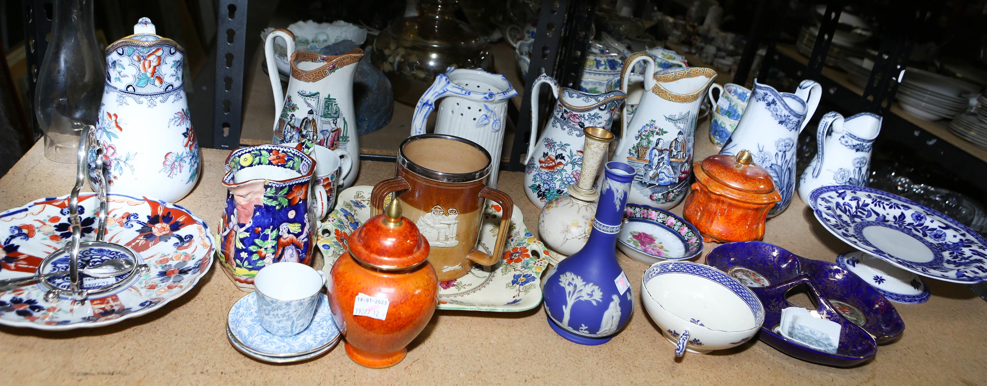 Six Victorian printed pottery jugs, together with a collection items to include a Doulton stoneware - Image 4 of 5