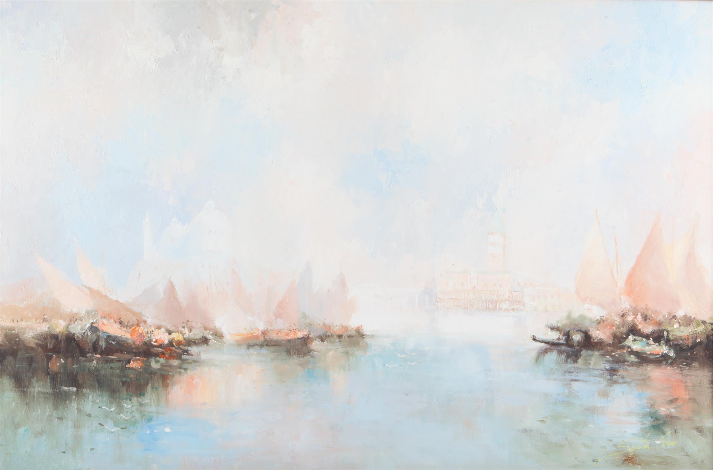 Twentieth-century European School, Venetian scene with boats to foreground, oil on board,