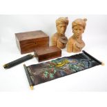 Treen items including two busts of Indo-china figures, bowl, two oriental style scrolls,