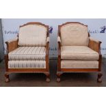 Pair of Edwardian mahogany bergere chairs, with double caned panels to the back and arms,