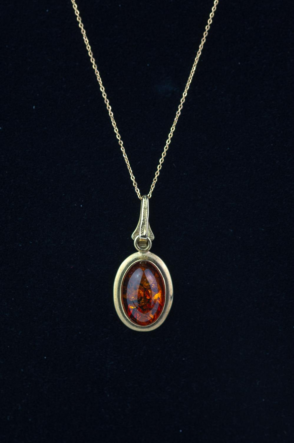Single stone amber pendant, in 9ct gold, on a stamped 9ct chain, chain length 40cm, - Image 2 of 5
