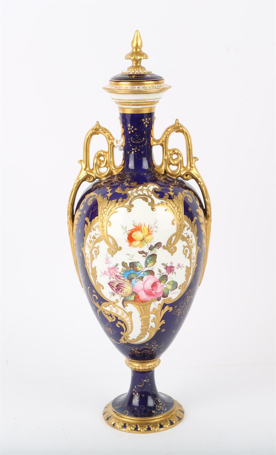 Royal Crown Derby vase and cover, the blue ground with reserve panels of flowers one signed C. - Image 3 of 7