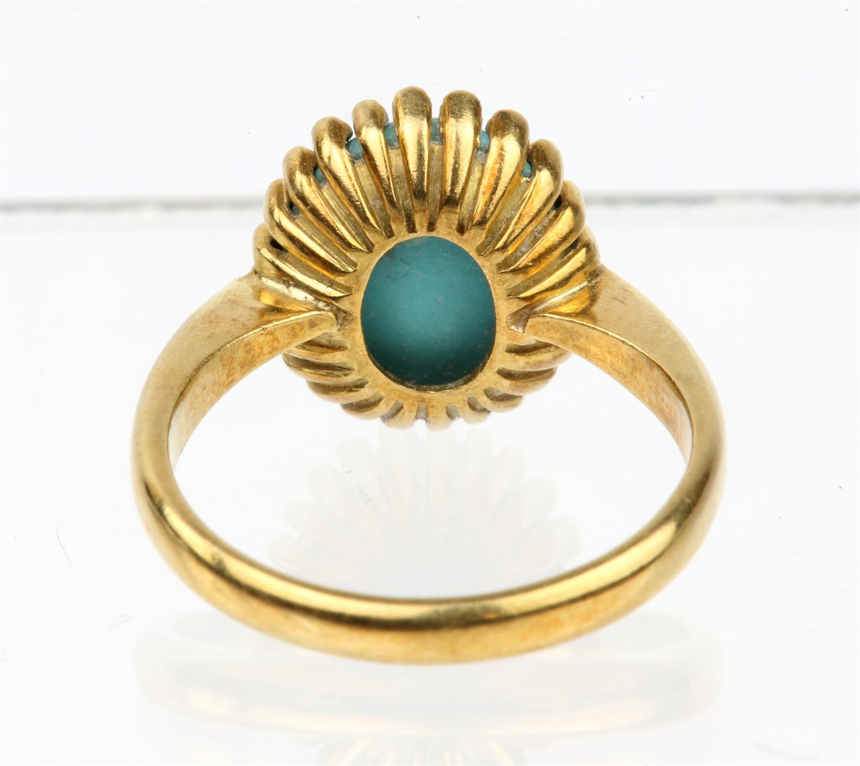 A single stone turquoise ring, in yellow metal stamped 18ct, ring size M - Image 2 of 3