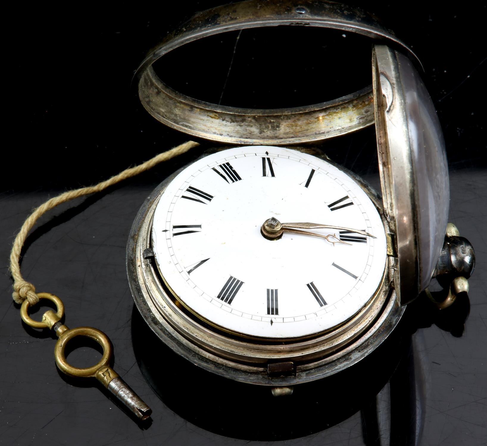 A silver pair case pocket watch, the white enamel dial with Roman numeral hour markers and - Image 2 of 6