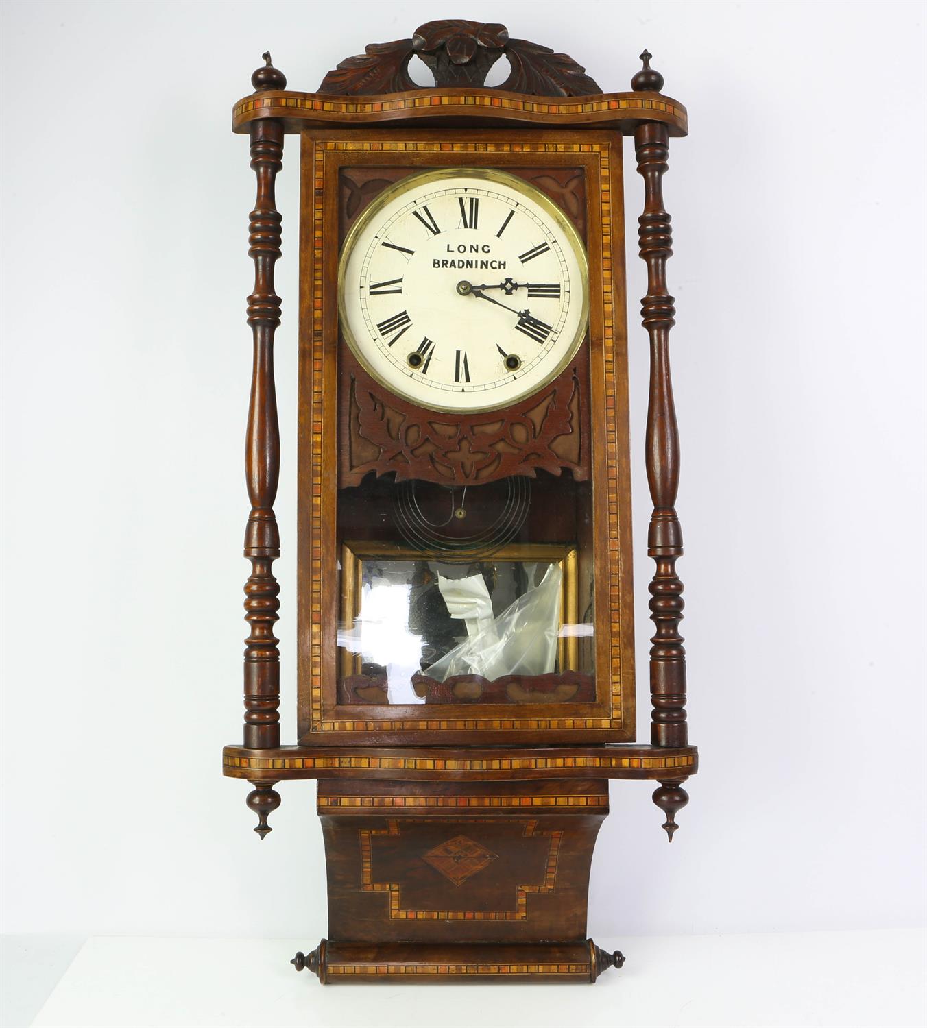 19th century walnut and parquetry two train wall clock, the white enamel dial with roman numerals
