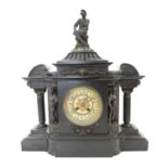 Late victorian black slate mantel clock mounted with three knights flanked by two columns