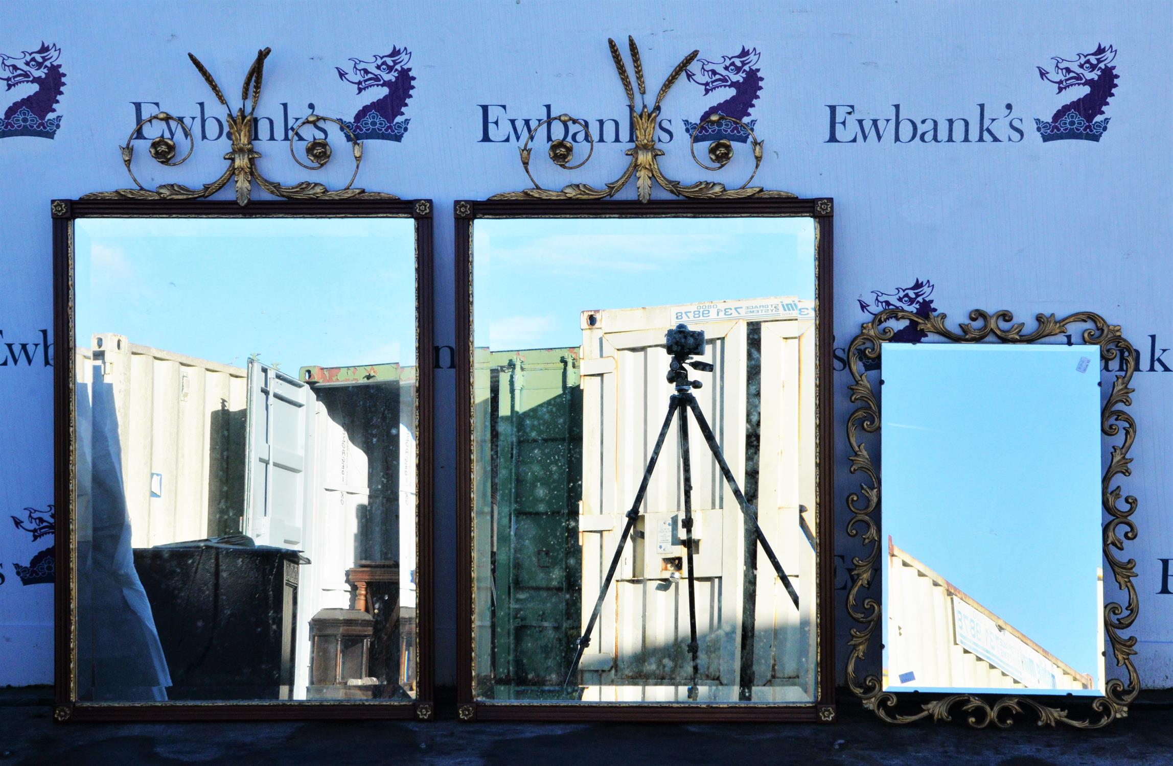 Pair of early 19th century style parcel gilt wall mirrors, with wheatsheaf and foliate scroll