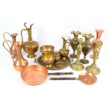 Brass and copperware including Jugs, ewers, pans and vases.