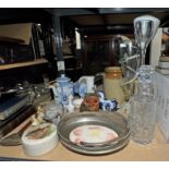 A selection of Ceramics and Glassware, items include clock, trinket pots with lids and Glass vases.