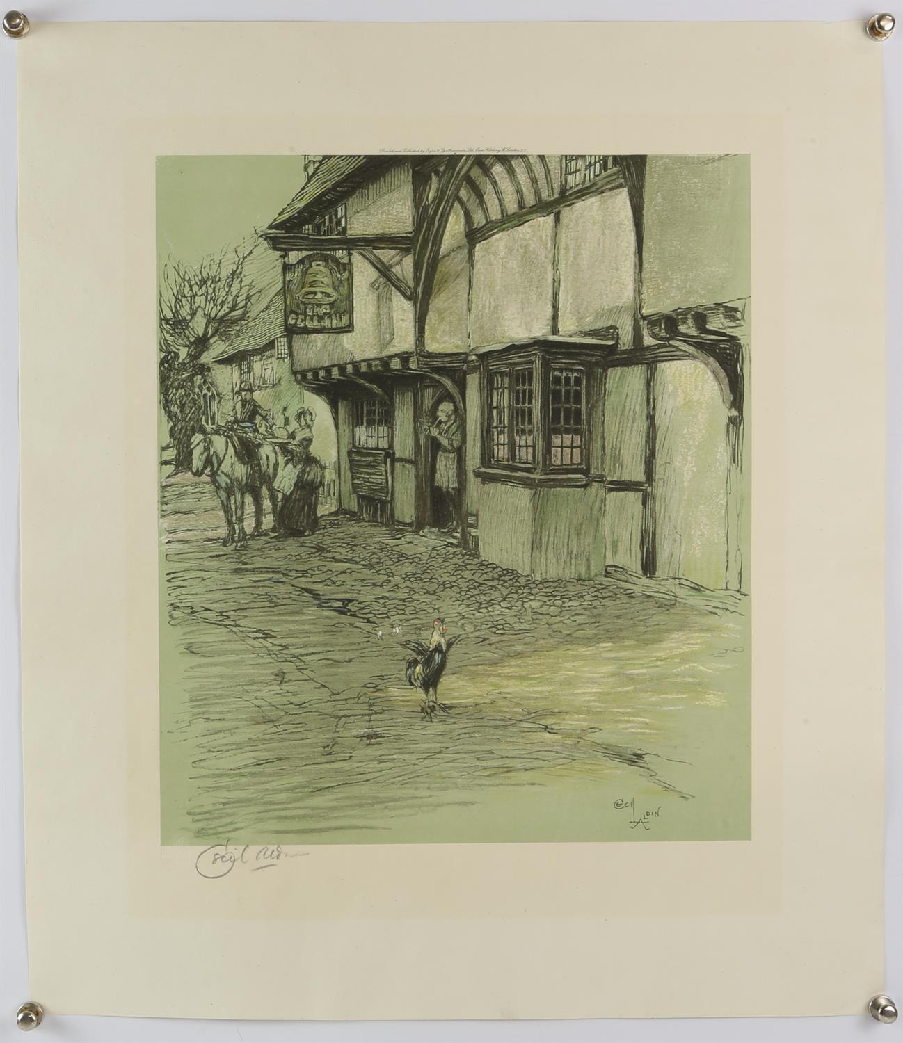 Large collection of prints, including a signed Cecil Aldin print in colours depicting a pub,