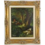 W. Berger (European, twentieth century), forest scene with figures and sheep, oil on panel,