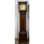 20th century 30 hour long case clock, the brass and silvered dial with Roman and Arabic numerals,