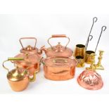 Brass and copperware, items include kettles, pans, candlesticks and bowls.