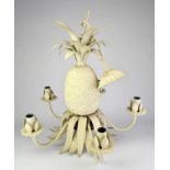 A five light painted metal chandelier, with a pineapple finial, with scrolling arms, 48cm high