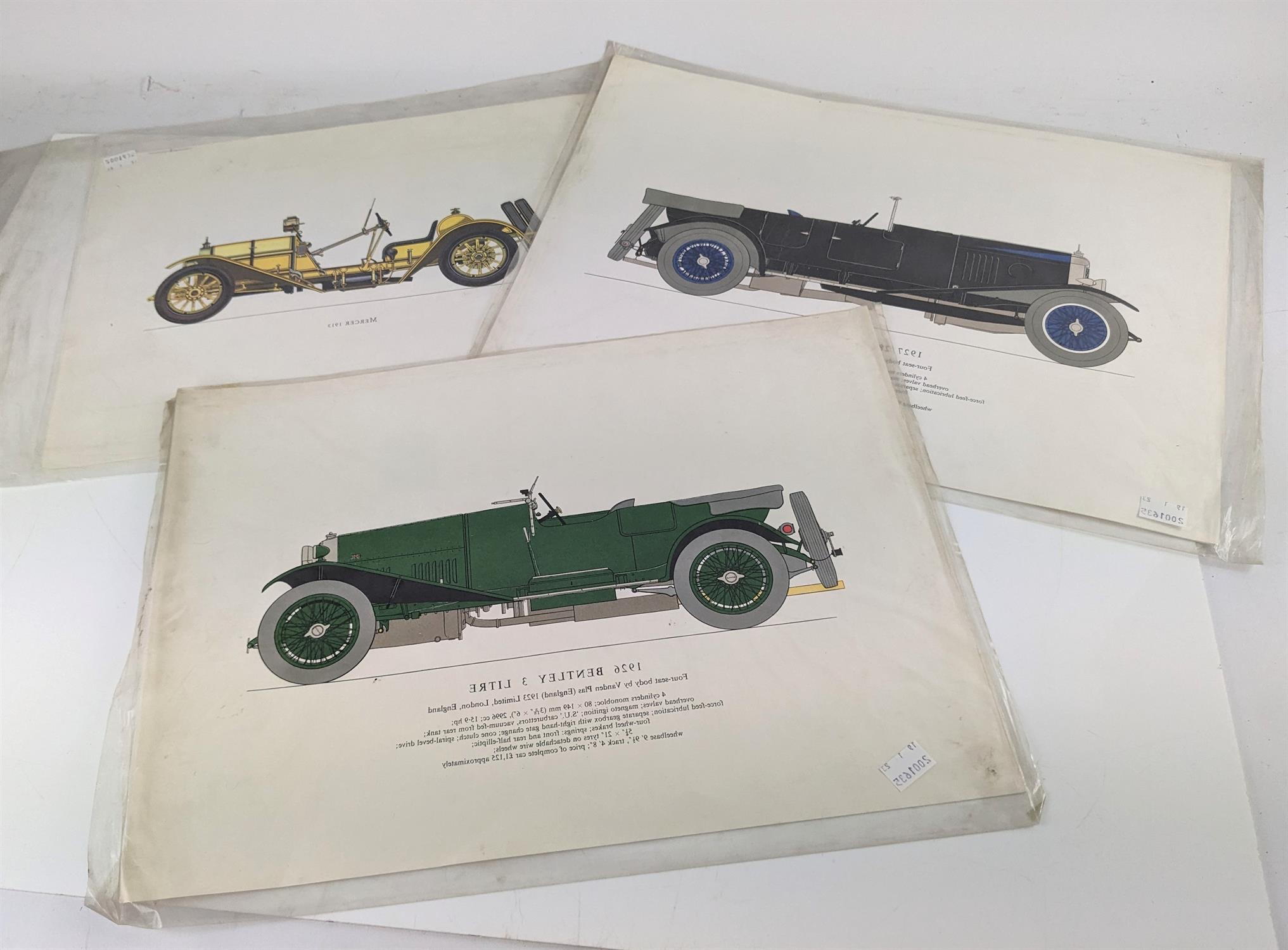 Collection of six automotive prints in colours depicting the following cars: 1926 Bentley 3 litre,