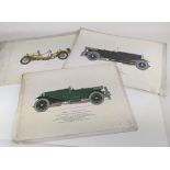 Collection of six automotive prints in colours depicting the following cars: 1926 Bentley 3 litre,