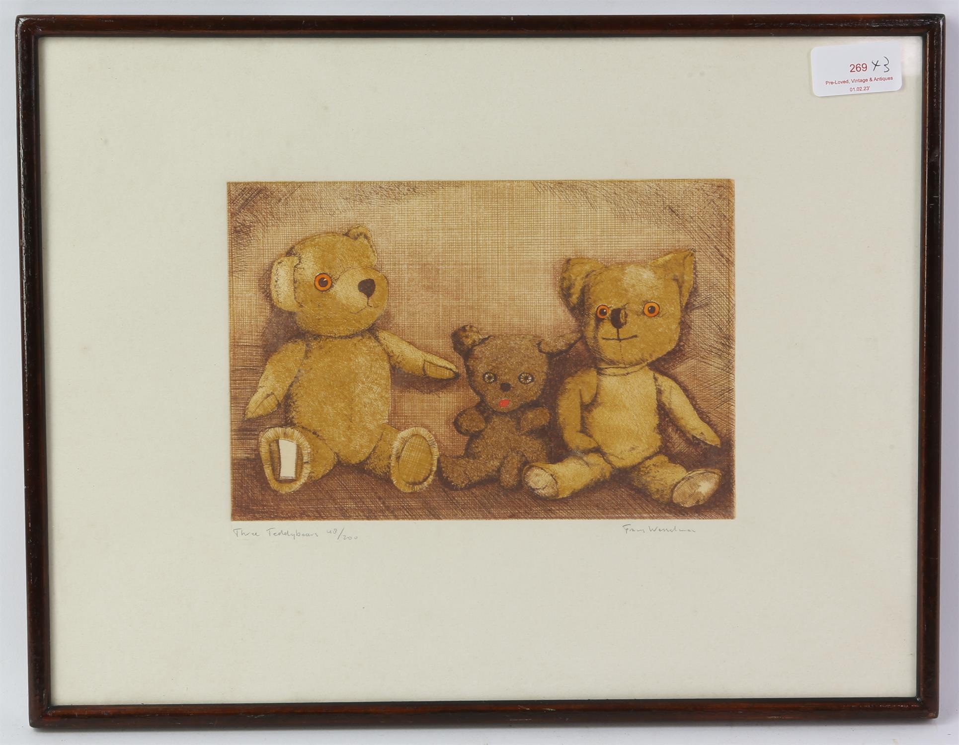 Frans Wesselman (b. 1953), 'Three Teddybears', etching in colours, signed in pencil to margin,
