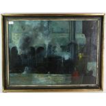 Twentieth-century European School, train station scene with figures to foreground (1980),