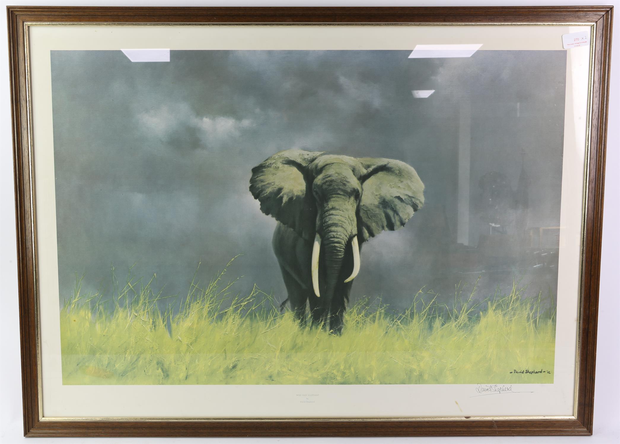 Two David Shepherd signed prints, "Elephants at Amboseli" 60cm x 108cm, and "Wise Old Elephant"