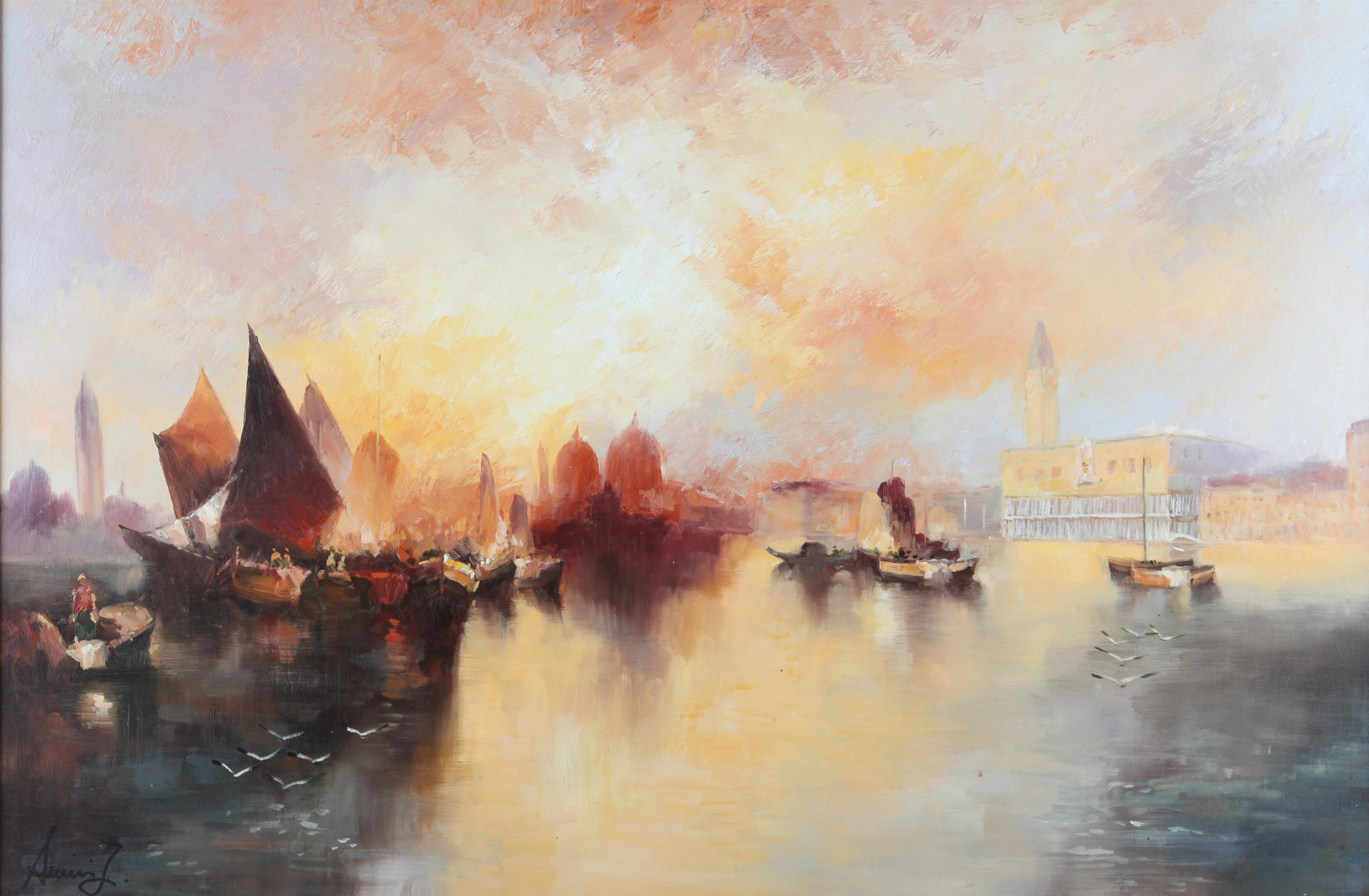 Twentieth-century European School, Venetian scene with boats to foreground, oil on board, - Image 2 of 2