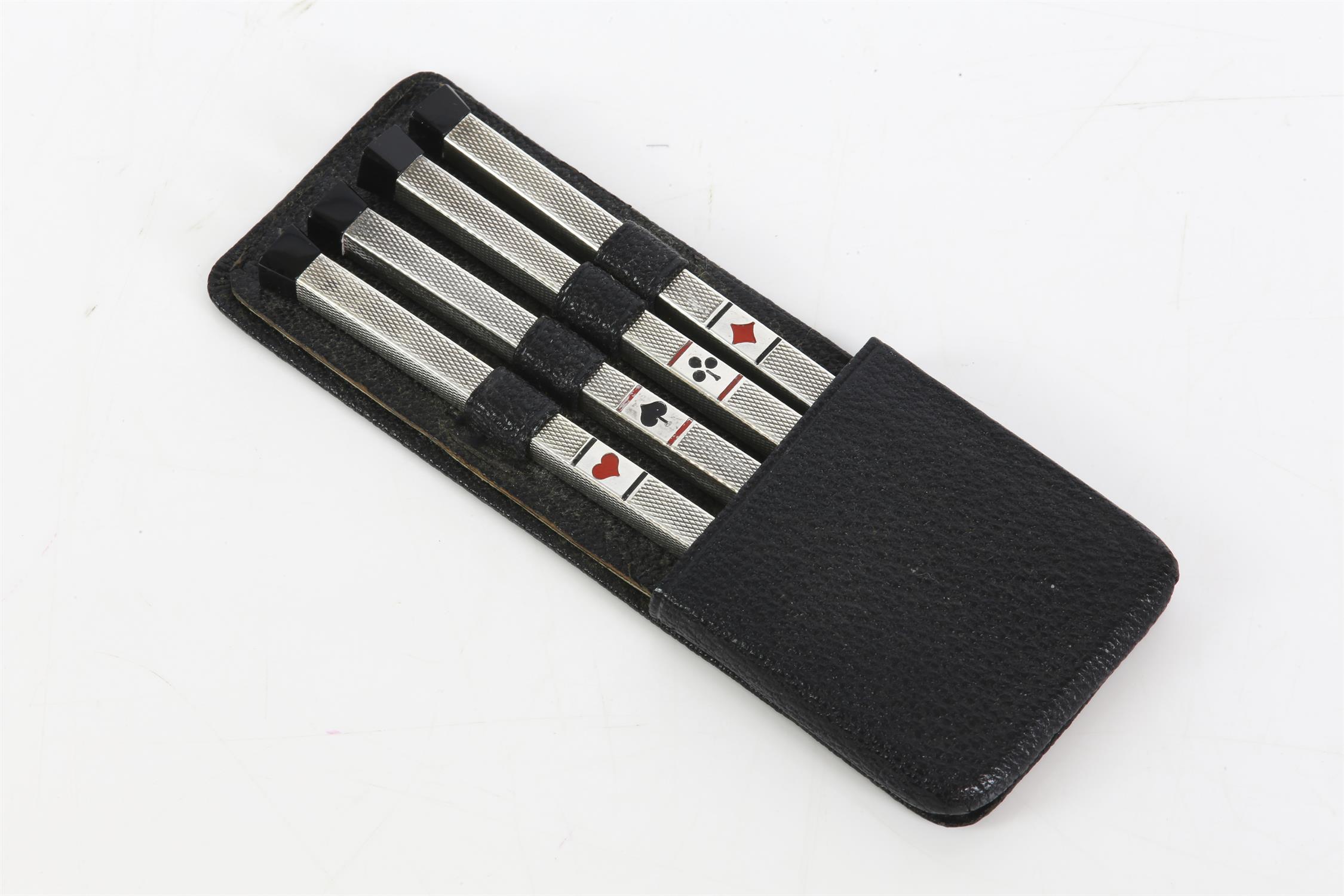 Cased set of four silver and enamel bridge pencils, 935 grade with engine turned finish