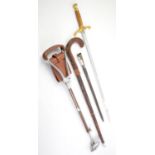 Featherwate shooting stick, leather covered walking stick, Tewkesbury souvenir sword,