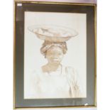 Pascal de Souza (b. 1928), portrait of a lady carrying a bowl, watercolour, signed,