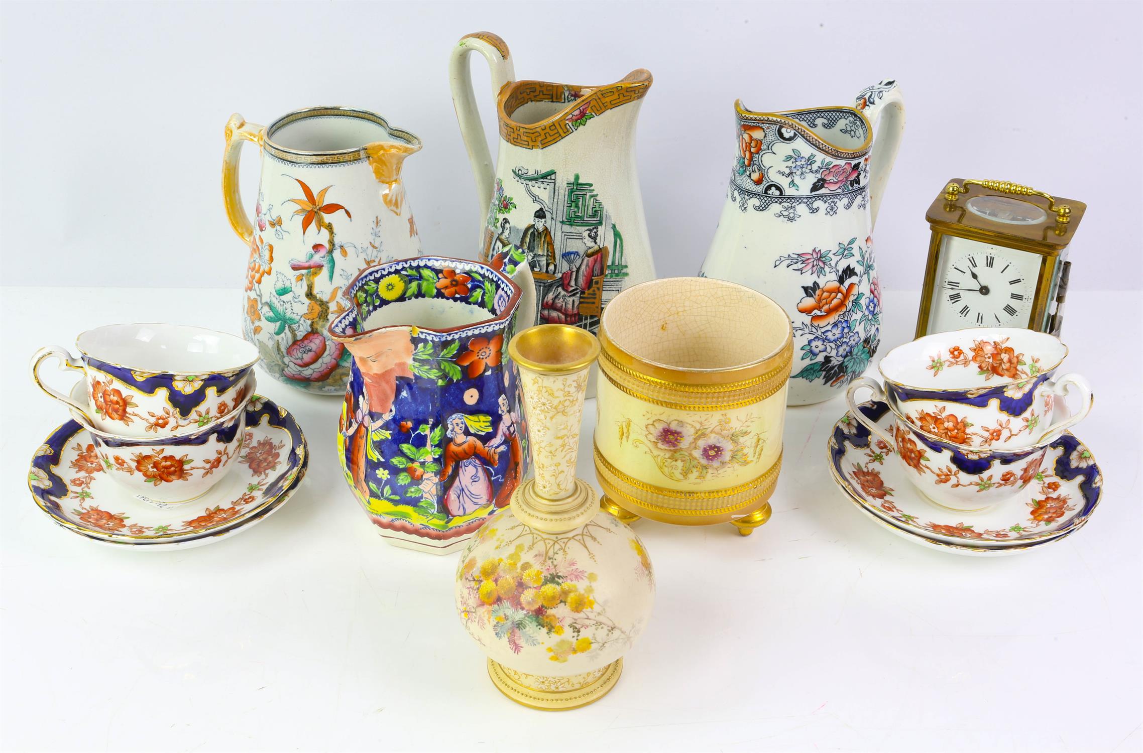 Six Victorian printed pottery jugs, together with a collection items to include a Doulton stoneware