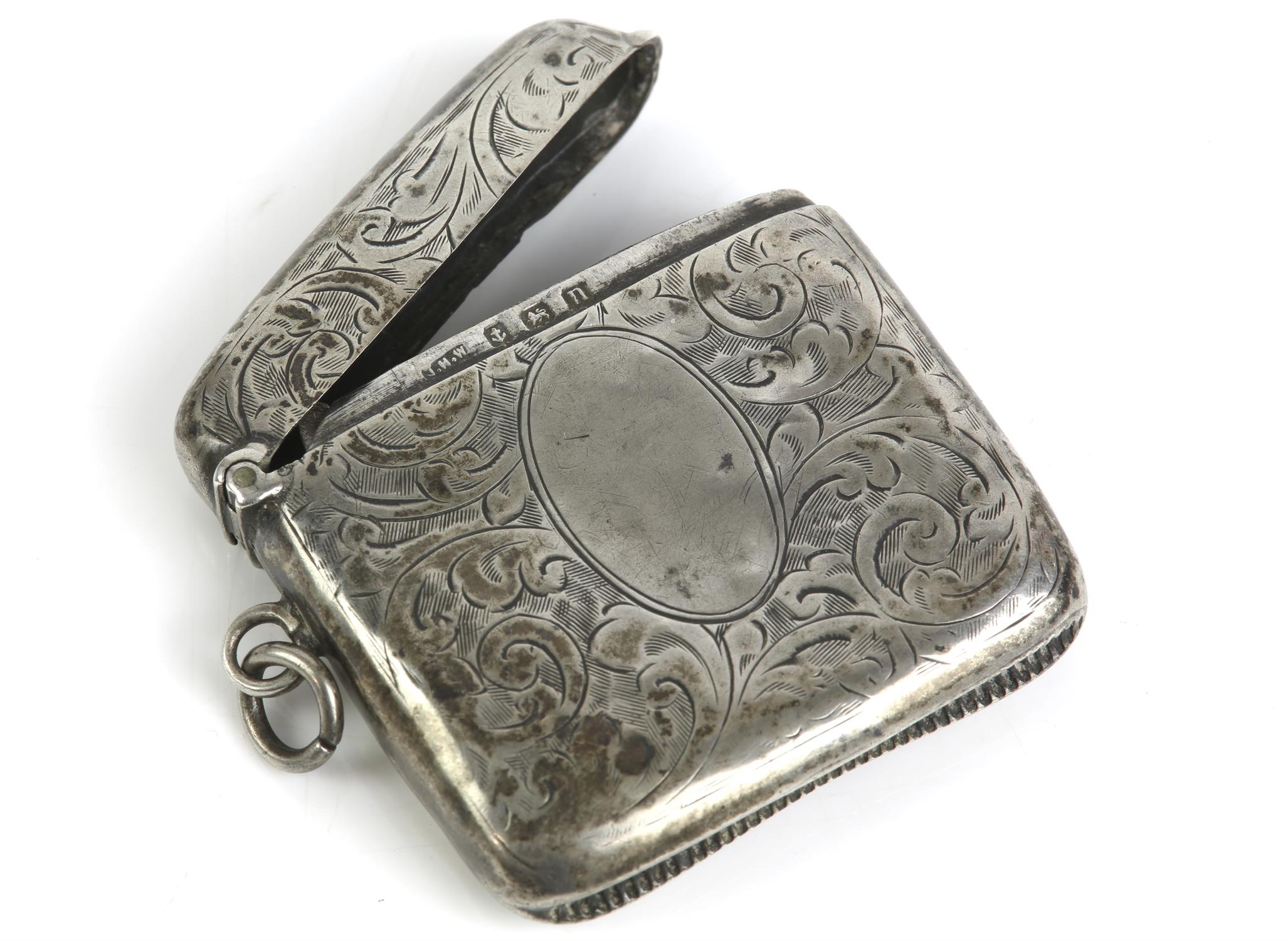 George V silver bright cut vesta case with vacant oval cartouche by John Henry Wynn, Birmingham 1912