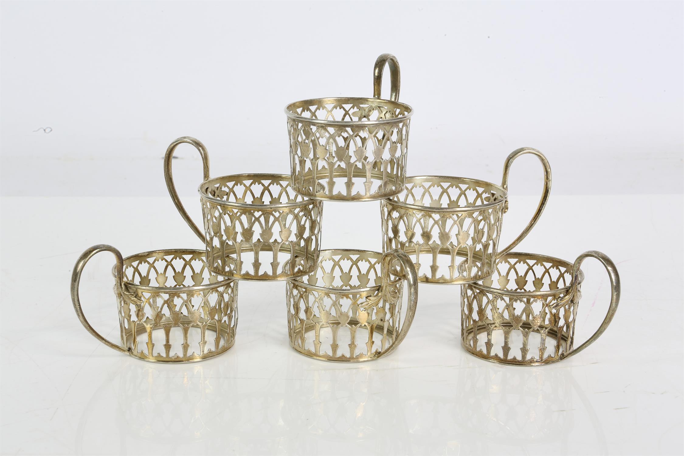 Walker and Hall set of six pierced silver cup holders, Birmingham 1935, 97 grams