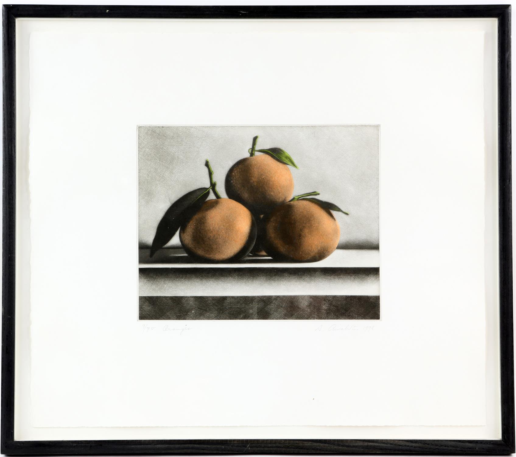 Sharon Aivaliotis (b. 1951), 'Oranges' limited edition mezzotint 9/75, signed and dated 1998 in