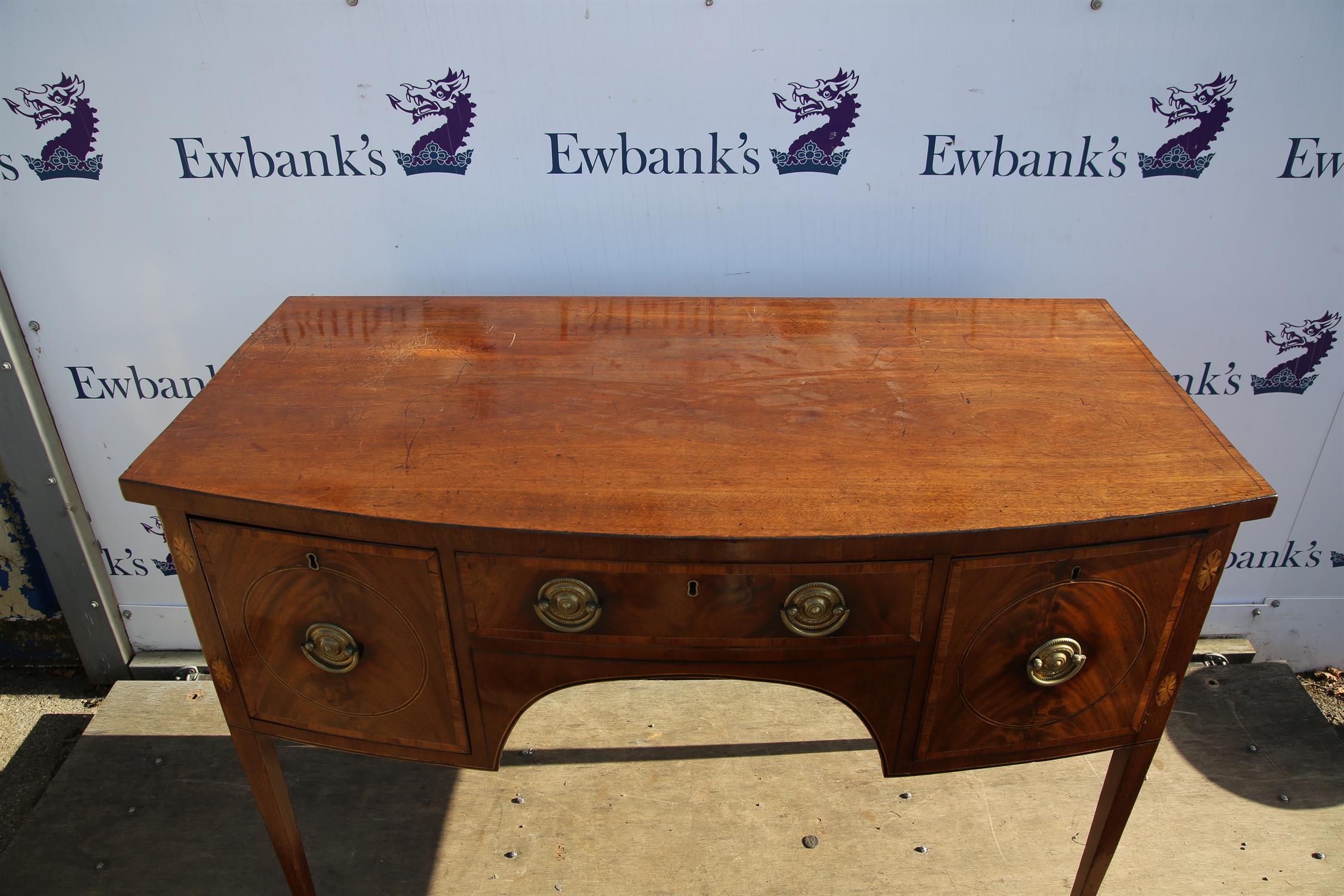 19th century mahogany bow fronted sideboard with single drawer flanked by two deep drawers on - Image 3 of 3