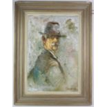Twentieth-century British School, portrait of a gentleman wearing a hat (1986), oil on board,