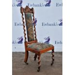 Victorian oak chair, carved top rail, drop in seat, spiral turned legs, 94cm high