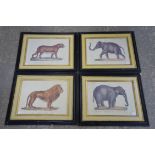 Set of four restrike prints in colours depicting two elephants, a tiger and a lion, framed,