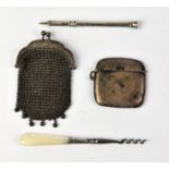 Silver vesta case, Birmingham 1913, continental white metal coin purse, cork screw and a mechanical
