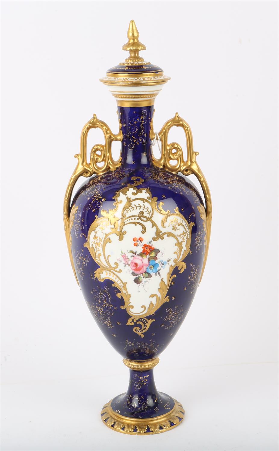 Royal Crown Derby vase and cover, the blue ground with reserve panels of flowers one signed C. - Image 4 of 7