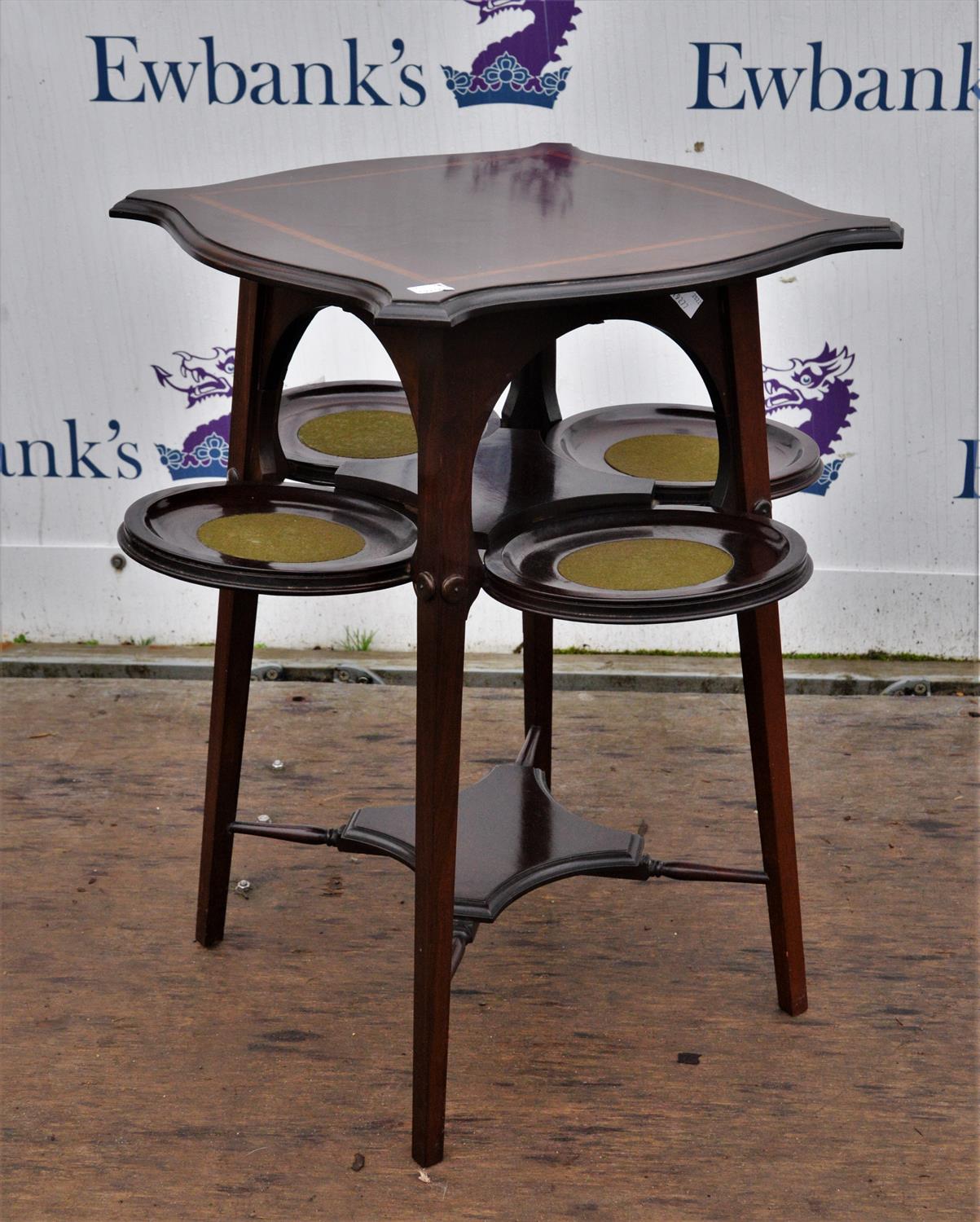 Edwardian mahogany and satinwood banded supper table, shaped top above a tier with hinged circular - Image 2 of 2