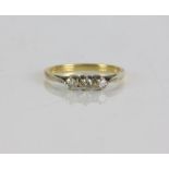 Three stone diamond ring, old cut diamond, in yellow and white metal, stamped 18ct plat, size J, 1.