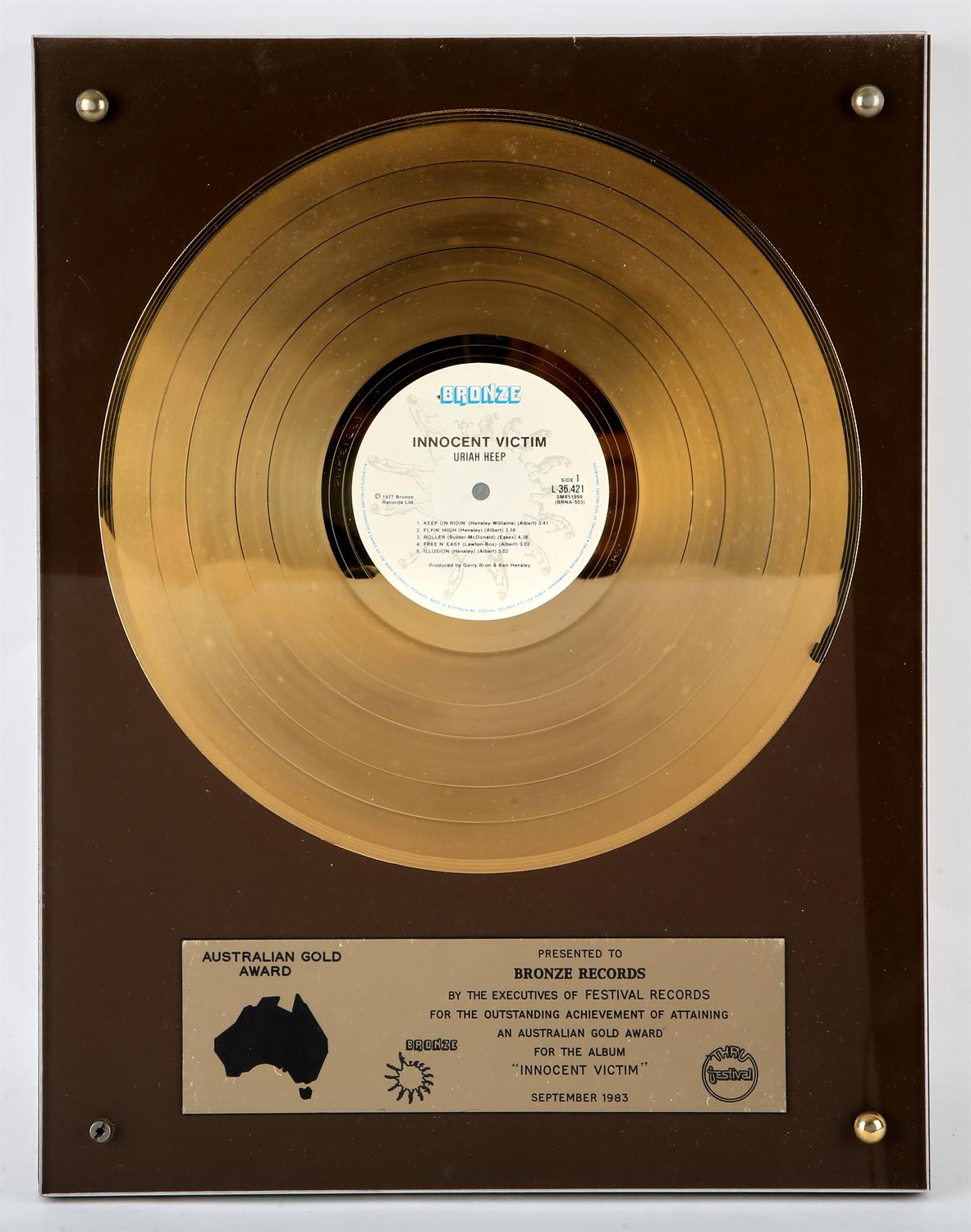 Uriah Heap. – Gold Disc for the album, ‘Innocent Victim’, Australian Gold Award, presented to