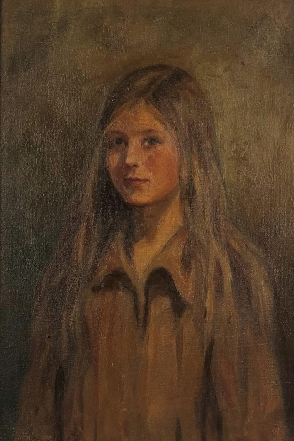 Twentieth-century British School, portrait of a girl, oil on canvas, 39 x 26cm, with a full-length