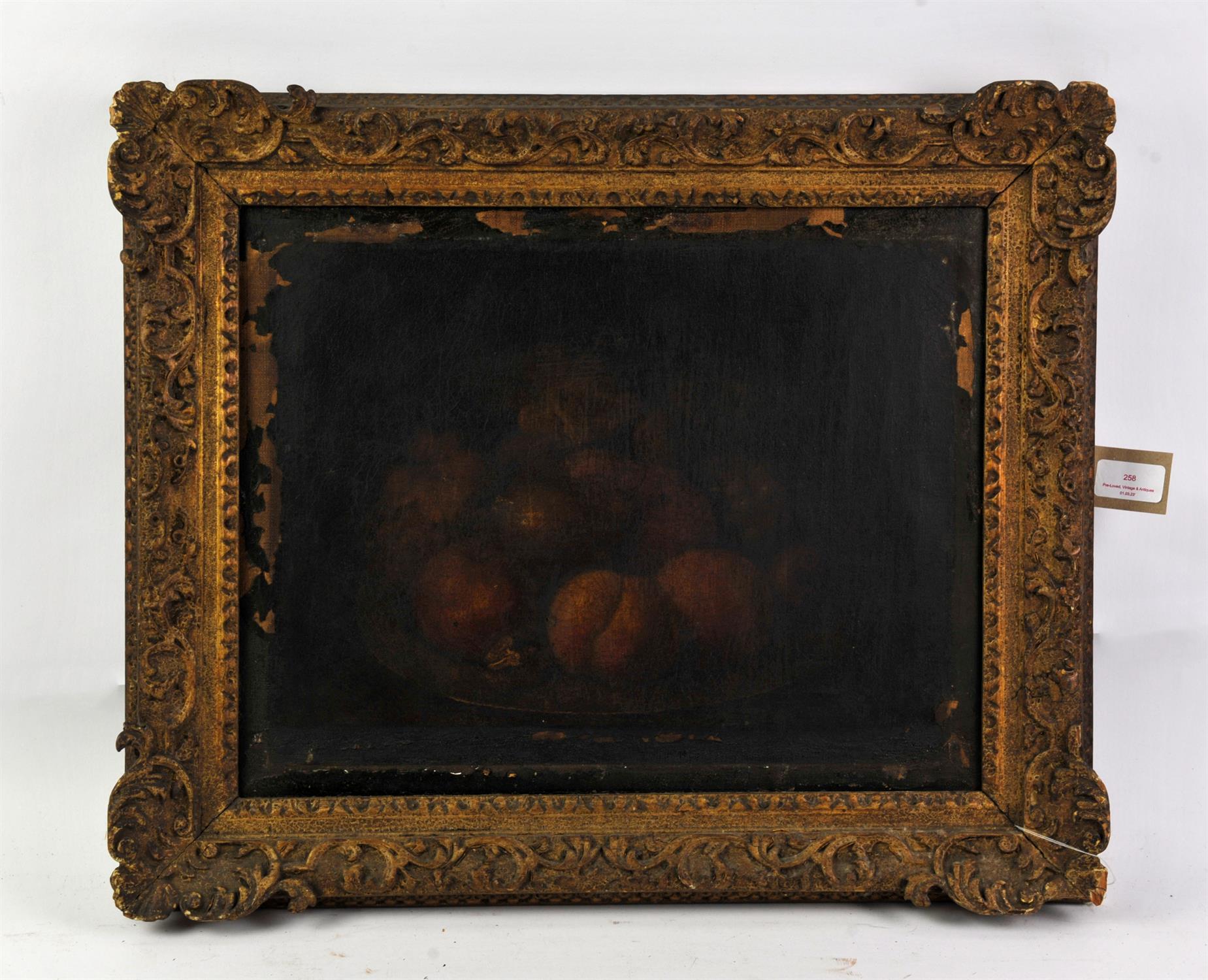 Nineteenth-century British School, still life with peaches, oil on canvas, 35 x 44cm, framed.